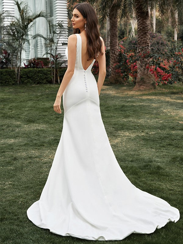 Wholesale Sheath/Column Sleeveless Stretch Crepe V-neck Ruffles Sweep/Brush Train Wedding Dresses